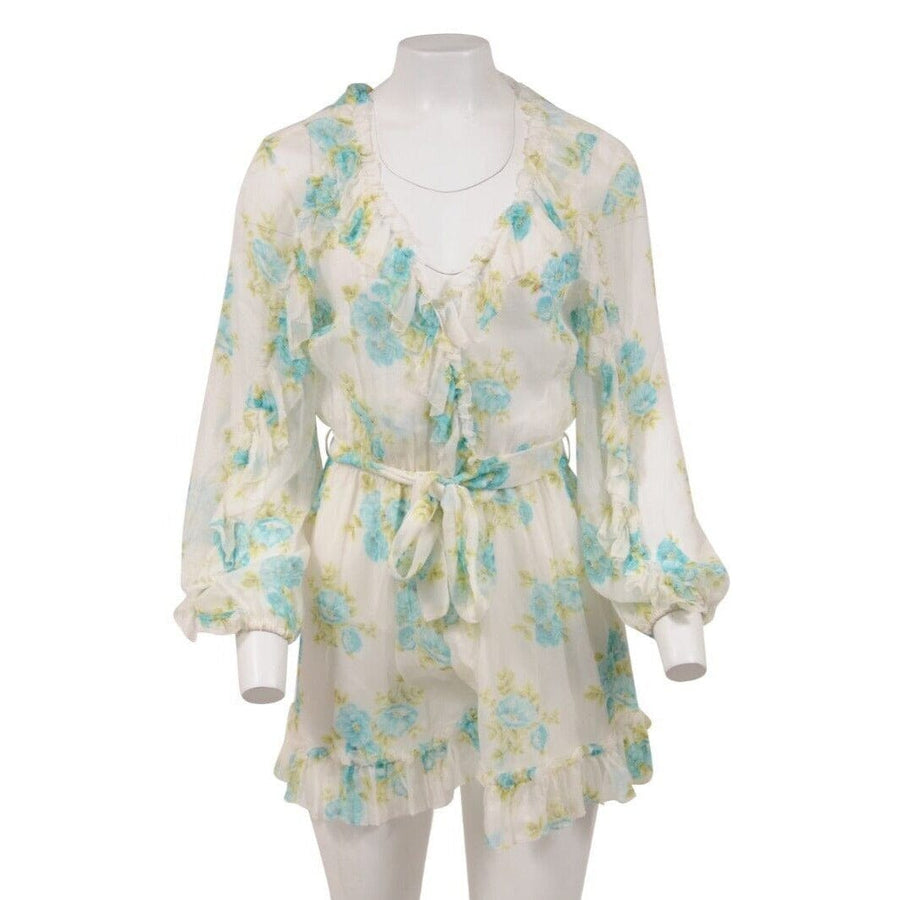 Zimmerman Womens Floral Dress Size 1 White Blue Silk Ruffled White Wave Playsuit – THE-ECHELON Zimmerman Womens Floral Dress Size 1 White Blue Silk Ruffled White Wave Playsuit – THE-ECHELON