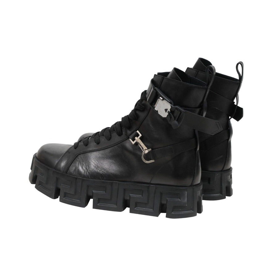 Greca Labryinth Boots Black Leather Chunky Platform Sole Versace 