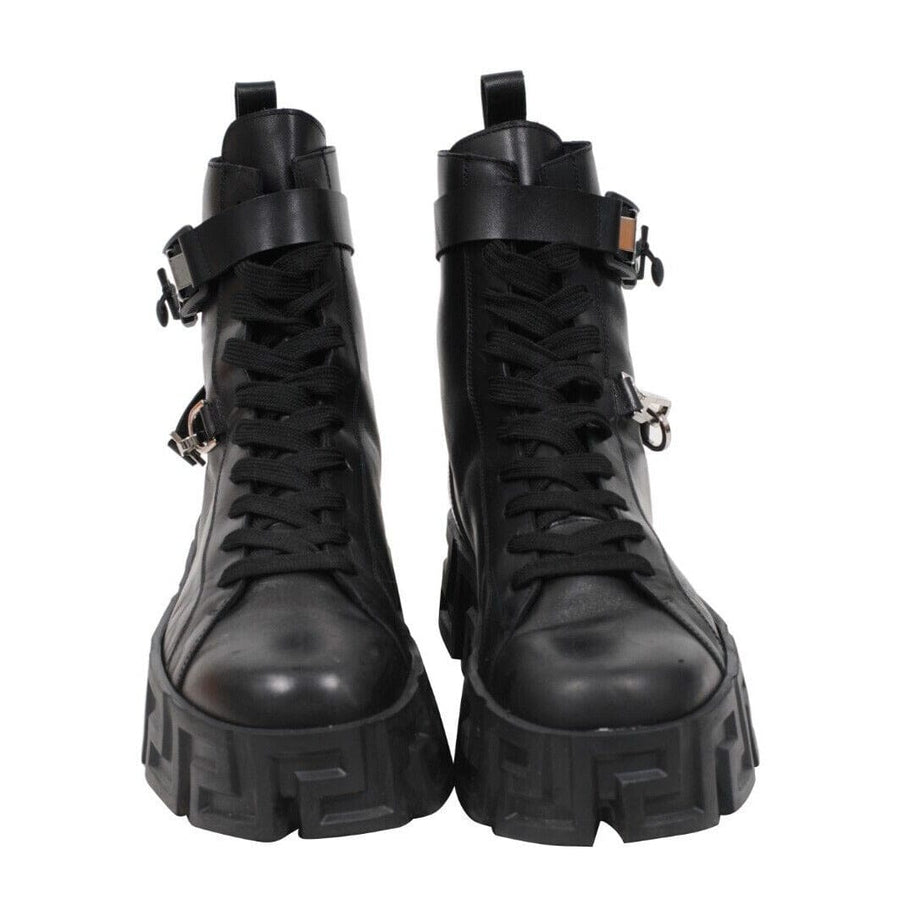 Greca Labryinth Boots Black Leather Chunky Platform Sole Versace 
