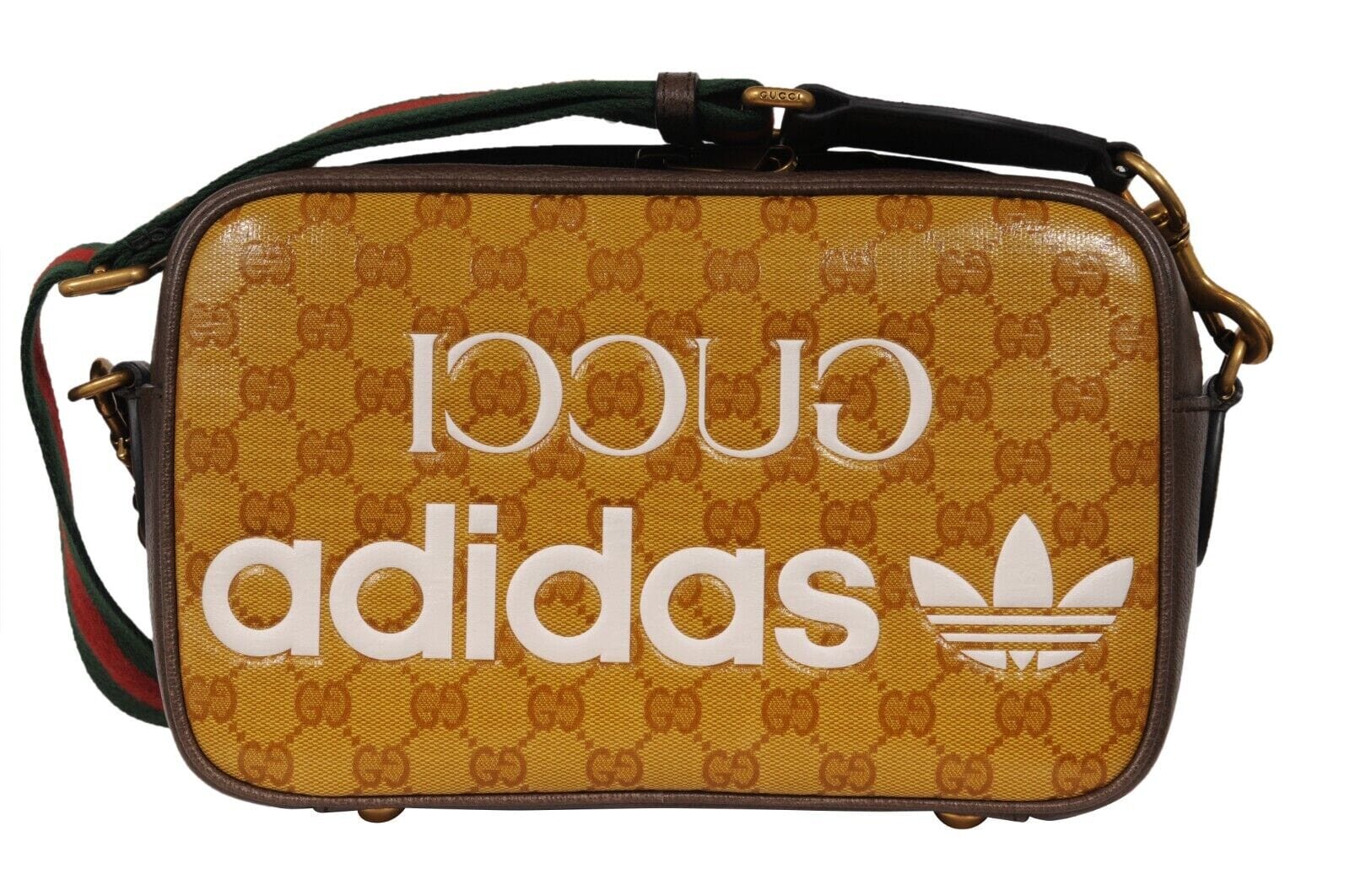 Gucci Adidas GG Crystal Logo Shoulder Bag Tan Brown Leather