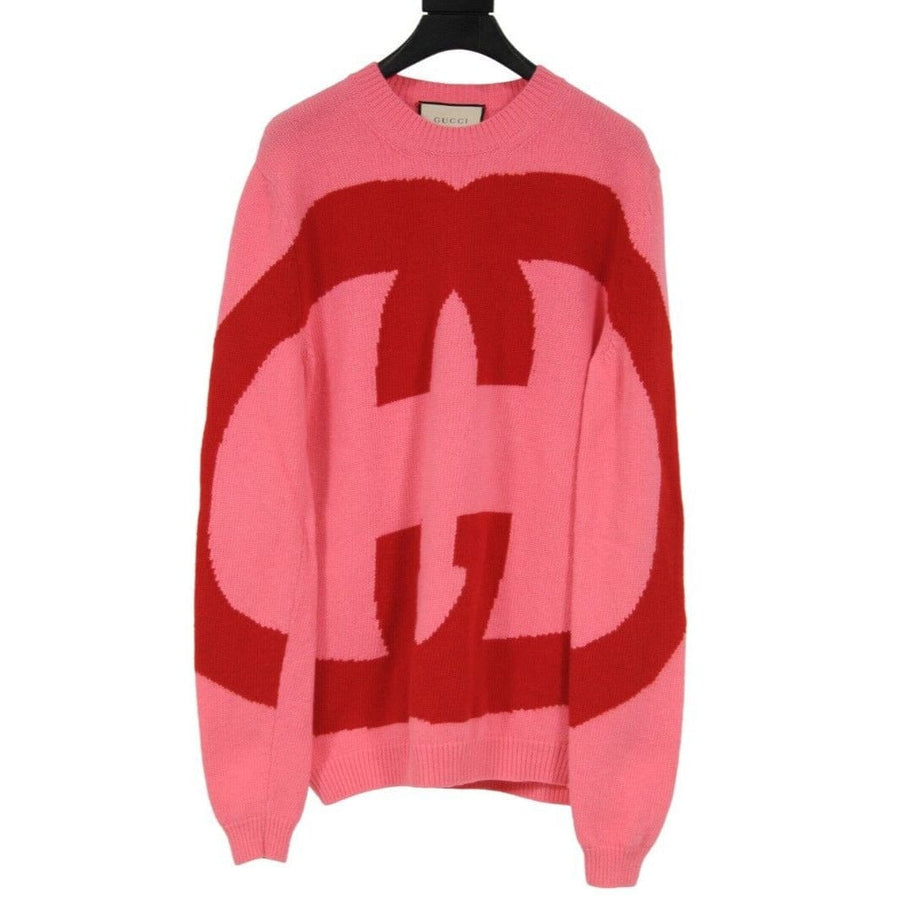 Gucci Womens Interlocking Intarsia GG Logo Sweater XS Pink Red Wool Pullover THE ECHELON