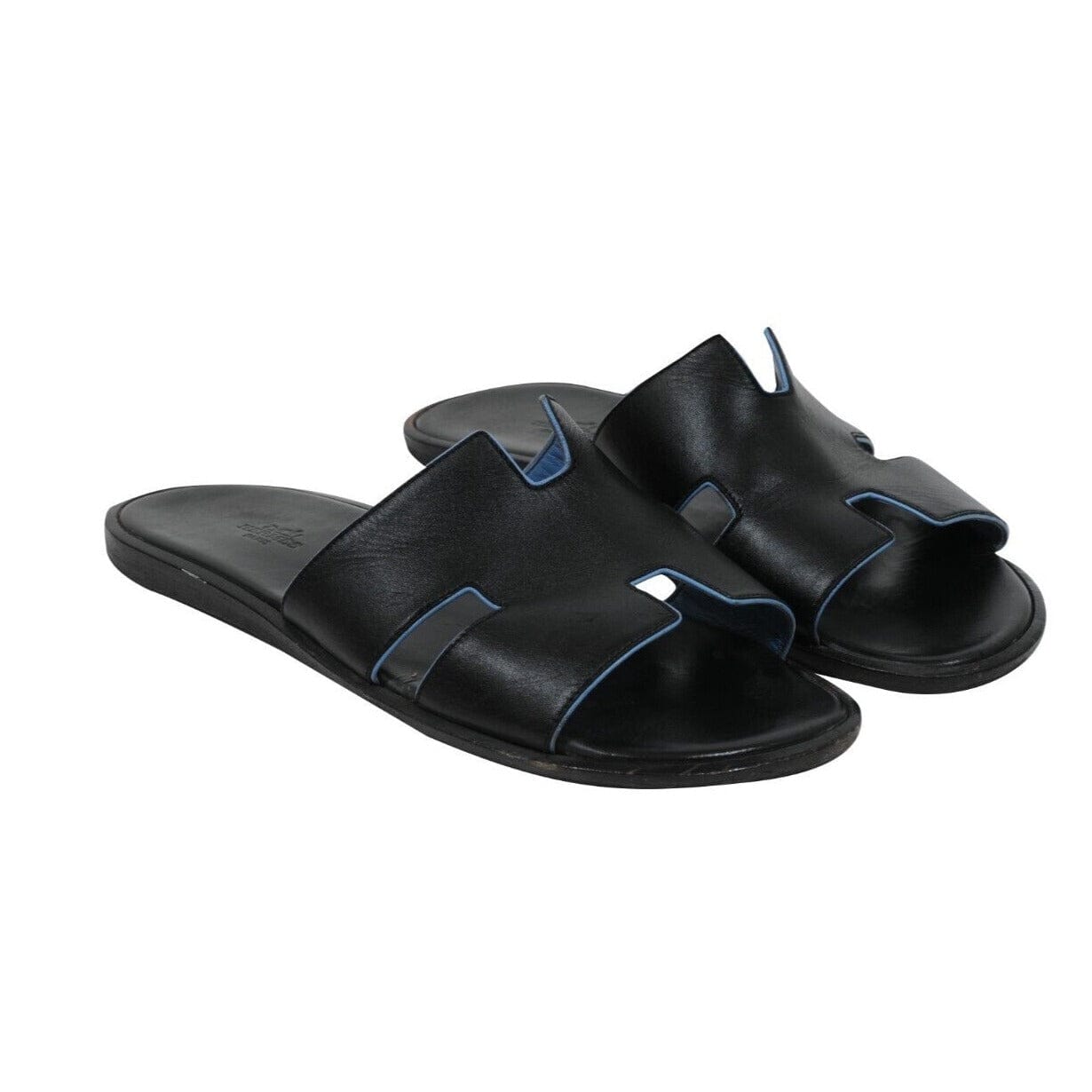 Hermes Men Izmir Sandals Size 42 US 9 Black Blue Leather Slides H Logo Slippers THE ECHELON