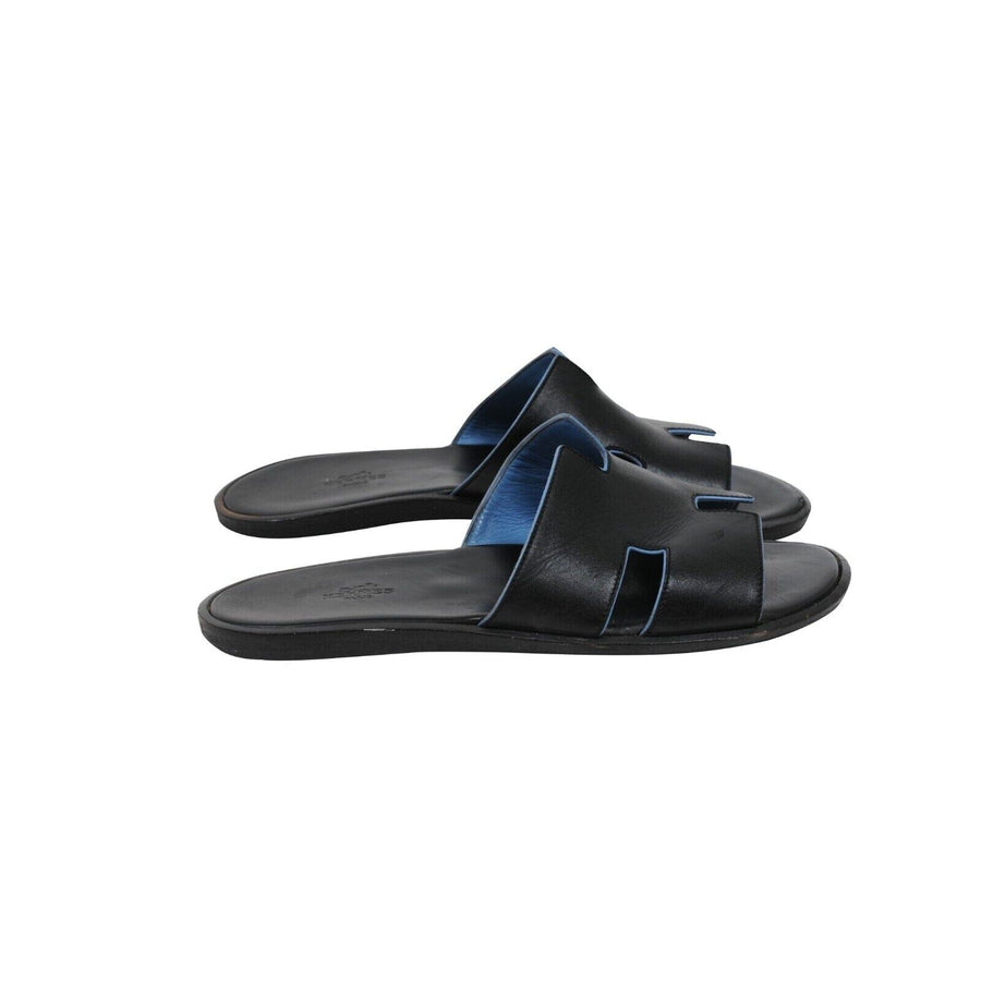 Hermes Men Izmir Sandals Size 42 US 9 Black Blue Leather Slides H Logo Slippers Hermes 