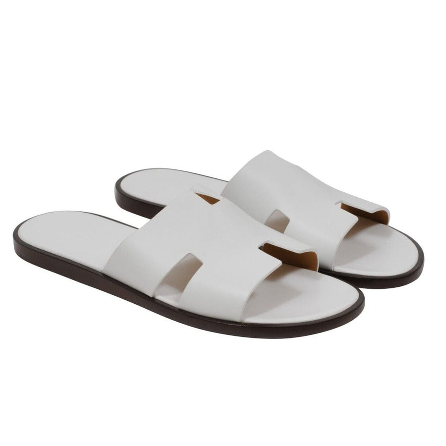 Hermes Mens Izmir Sandals Size US 11.5 IT 44.5 White Leather H Logo Open Slides Hermes 