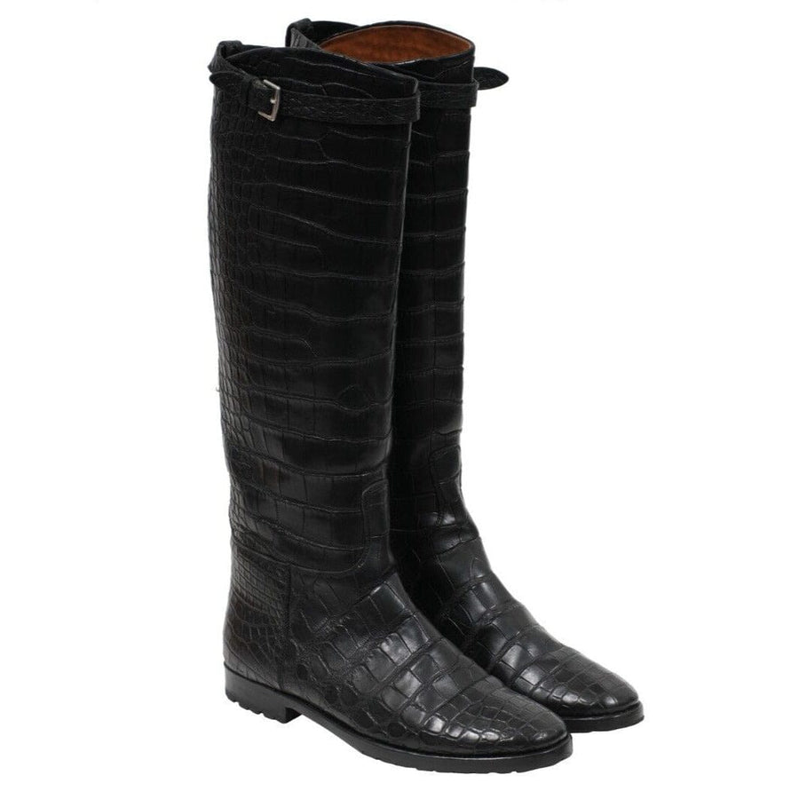 Hermes Women Vintage Crocodile Riding Boot US8.5 EU38.5 Black Leather Lug Sole HERMÈS 