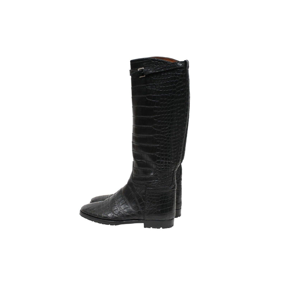 Hermes Women Vintage Crocodile Riding Boot US8.5 EU38.5 Black Leather Lug Sole HERMÈS 