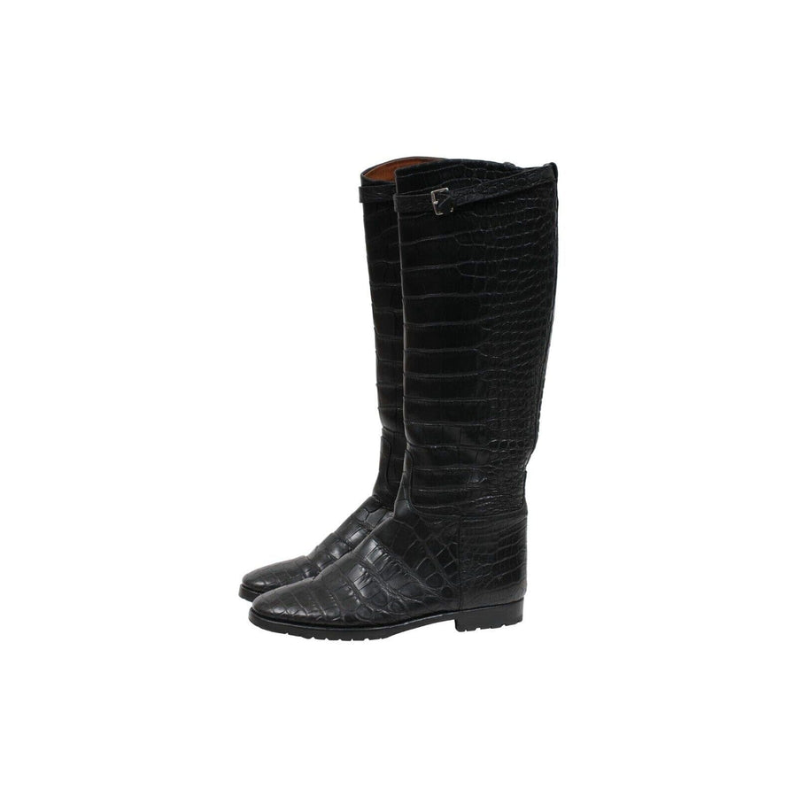 Hermes Women Vintage Crocodile Riding Boot US8.5 EU38.5 Black Leather Lug Sole HERMÈS 