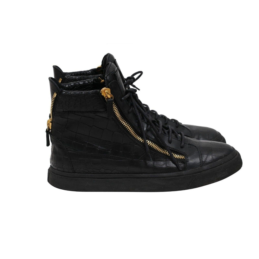 High Top Sneakers Black Gold Croc Embossed Gold Side Zipper Giuseppe Zanotti 