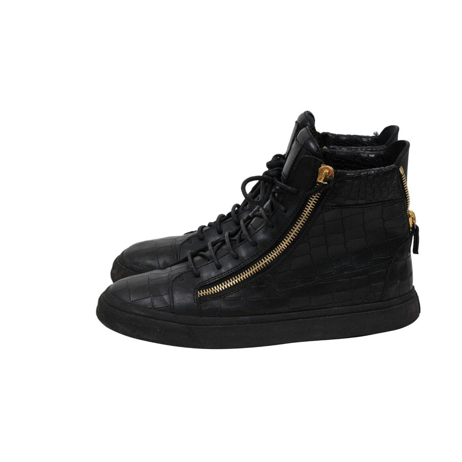 High Top Sneakers Black Gold Croc Embossed Gold Side Zipper Giuseppe Zanotti 