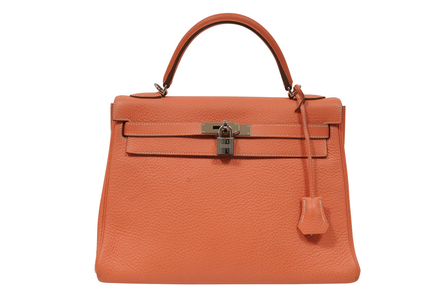 Kelly 32 Crevette Veau Taurillion Clemence Leather Pink Orange HERMES 