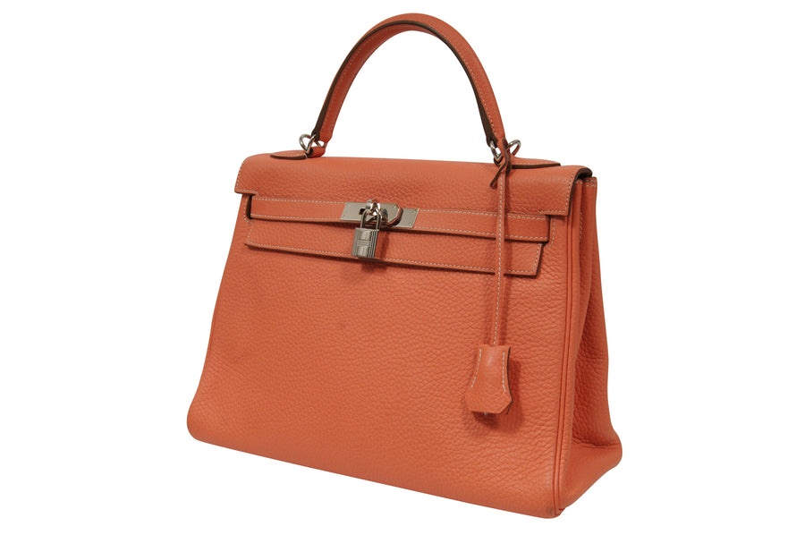 Kelly 32 Crevette Veau Taurillion Clemence Leather Pink Orange HERMES 