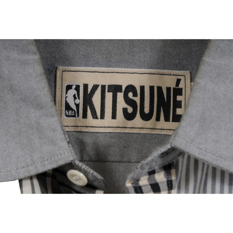 NBA Button Down Blue White Stripe Patchwork Shirt Maison Kitsune 