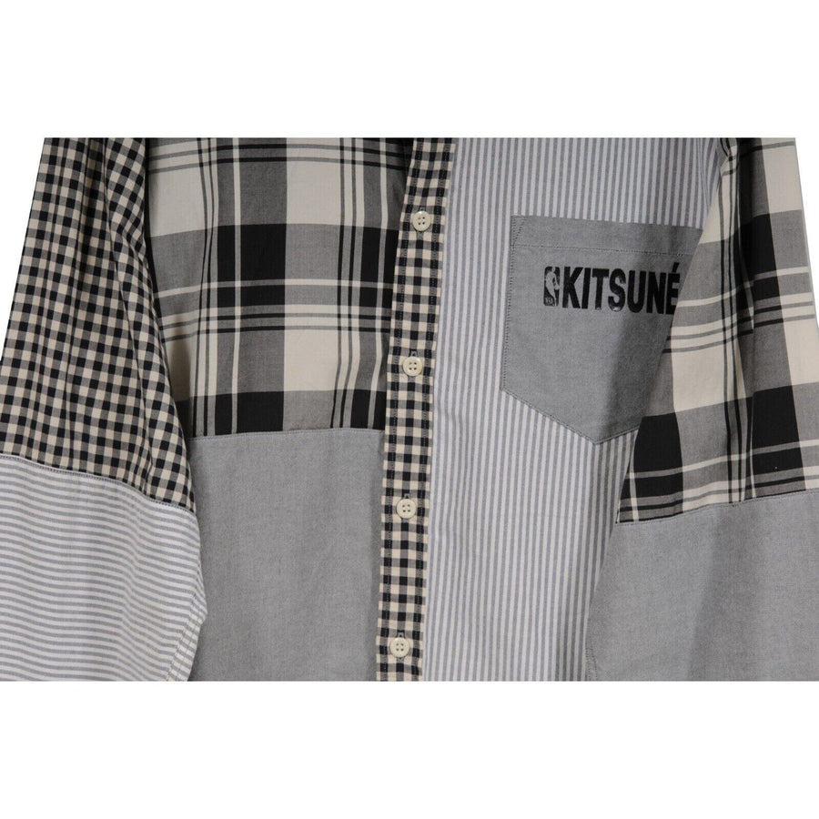 NBA Button Down Blue White Stripe Patchwork Shirt Maison Kitsune 