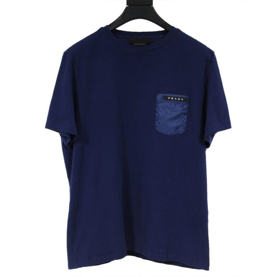 Nylon Pocket Logo T Shirt Navy Blue Cotton Short Sleeve Prada 