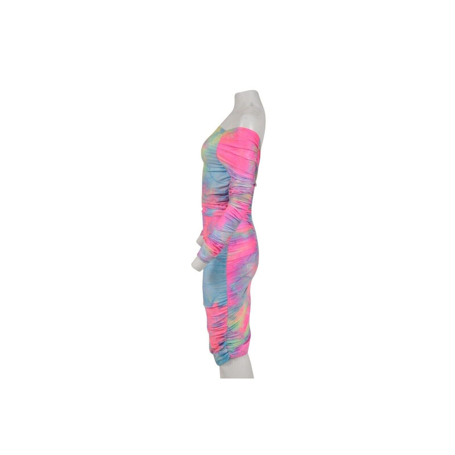 pink tie dye ruched dress Pink Multi Tie-Dye Dress - Ruched Mini Dress - Bodycon Mini Dress