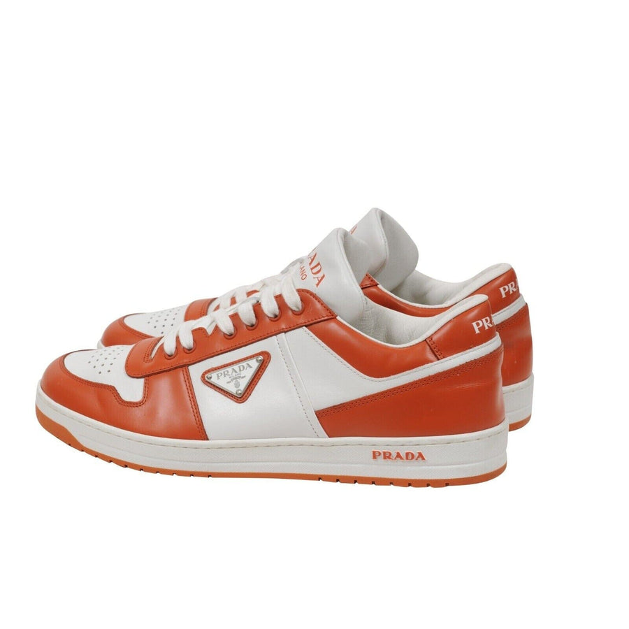 Prada Downtown Sneakers White Orange Leather Triangle Logo Low Top