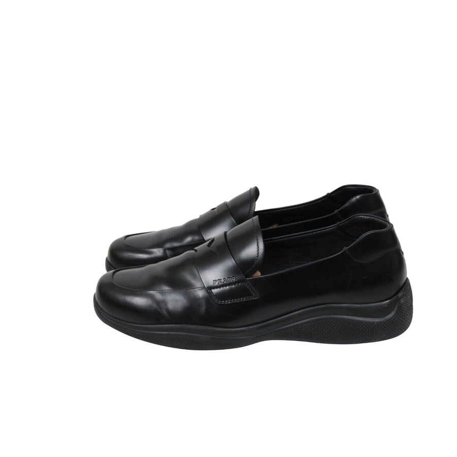 Prada Men Spazzolato Rois Penny Loafers US 8.5 UK 7.5 Black Leather Rubber Sole PRADA 