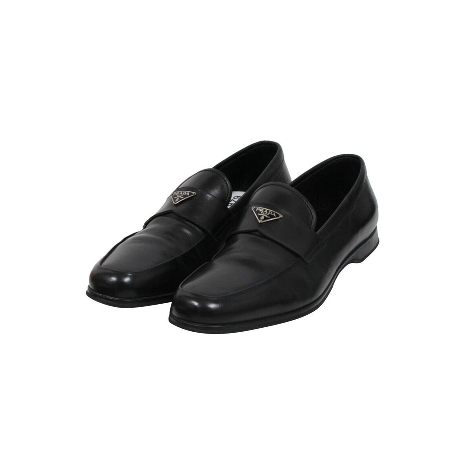 Prada Mens Penny Loafers Size US 10.5 UK 9.5 Black Leather Logo Plaque Slip Ons Prada 