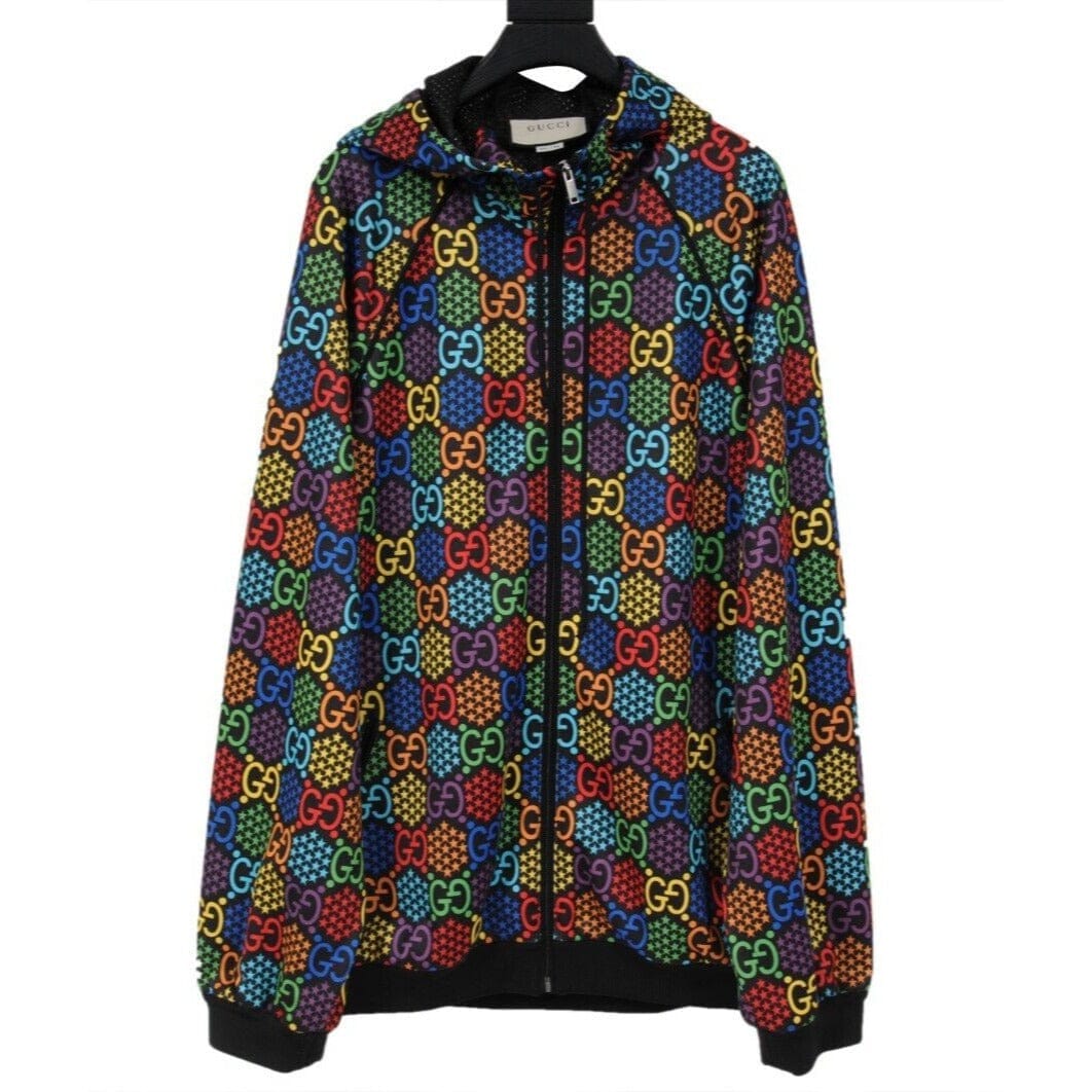 Gucci Men Psychedelic GG Logo Print Hoodie Medium Black Rainbow