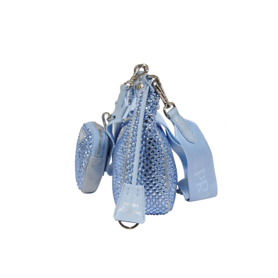 Re-Edition 2005 Satin Light Blue Crystal Mini Cargo Shoulder Crossbody Bag PRADA 