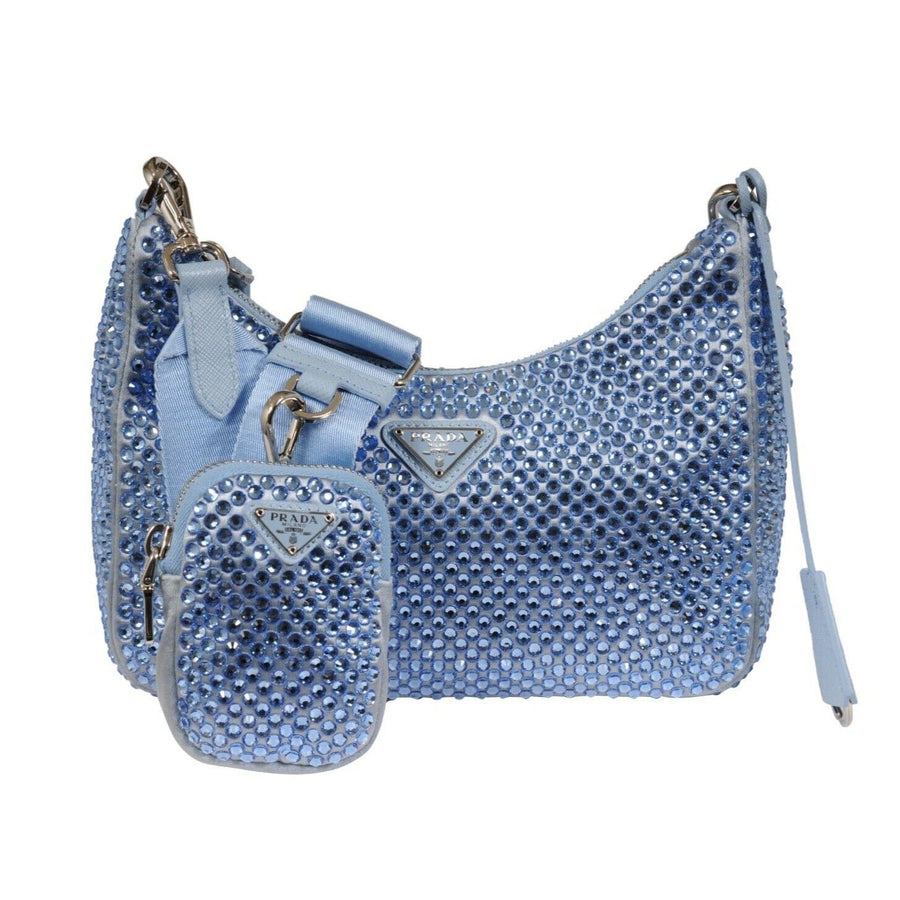 Re-Edition 2005 Satin Light Blue Crystal Mini Cargo Shoulder Crossbody Bag PRADA 