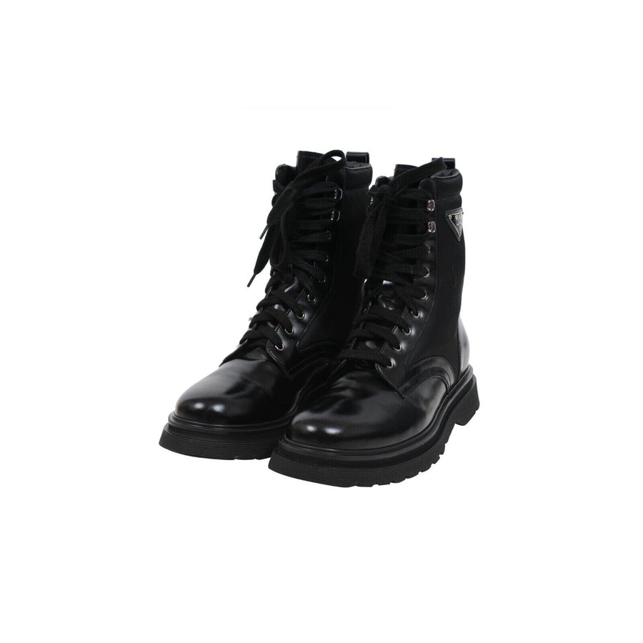 Re Nylon Combat Boots Black Leather Chunky Hiking Lace Up Prada 