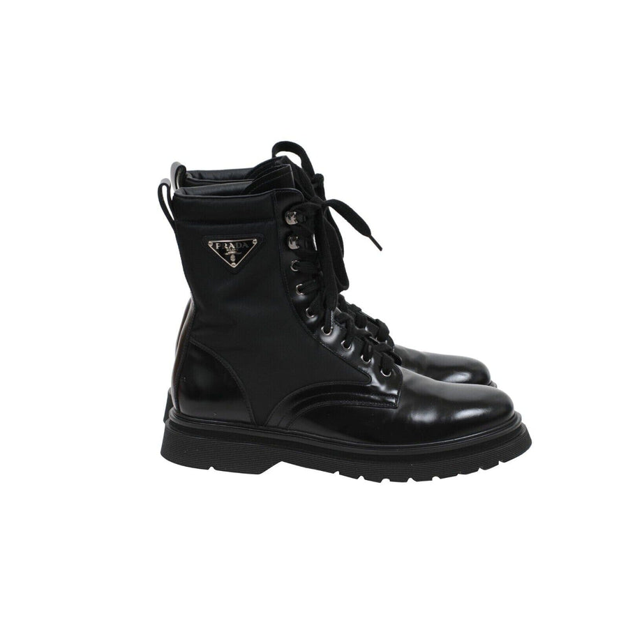 Re Nylon Combat Boots Black Leather Chunky Hiking Lace Up Prada 