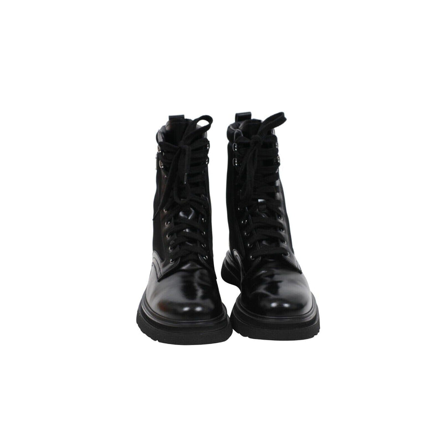 Re Nylon Combat Boots Black Leather Chunky Hiking Lace Up Prada 