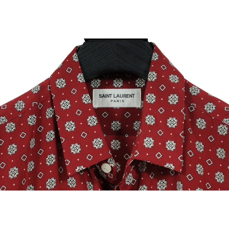 Saint Laurent Diamond Checkered Button Down Shirt 40/15.5 Large Red Black Silk Saint Laurent 