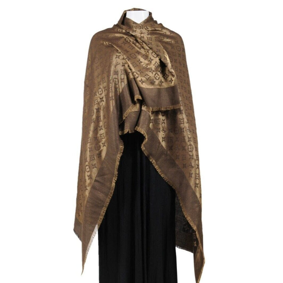 Shawl Gold Brown Lv Logo Monogram Silk Wool Viscose Scarf Cover Up Louis Vuitton 