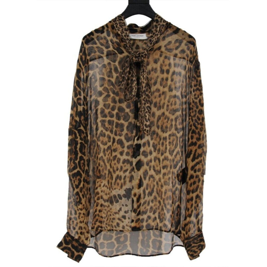 Silk Leopard Cheetah Print Tie Front Button Down Shirt SAINT LAURENT 