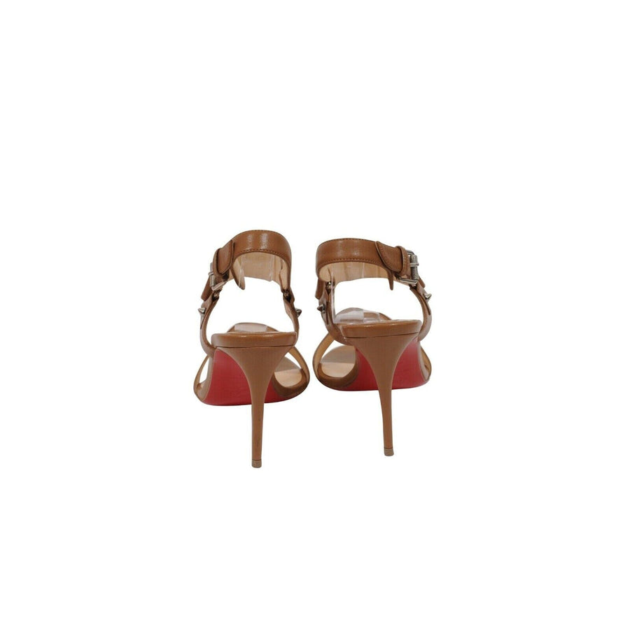 Sova Heel 85 Sandals Tan Leather Ankle Strap Red Bottom CHRISTIAN LOUBOUTIN 