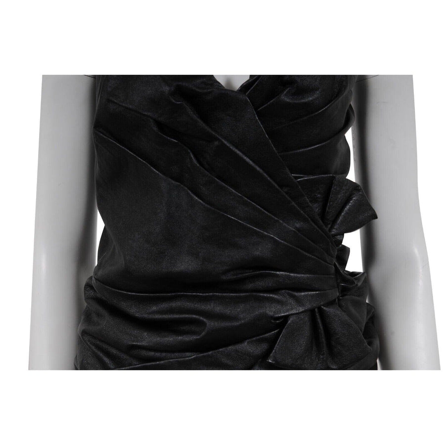 Strapless Mini Dress Size 38 Black Leather Side Bow Ruffled SAINT LAURENT 