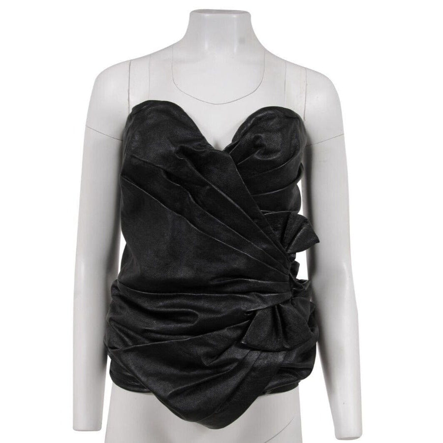Saint Laurent Womens Strapless Mini Dress Size 38 Black Leather Side Bow Ruffled THE-ECHELON Saint Laurent Womens Strapless Mini Dress Size 38 Black Leather Side Bow Ruffled THE-ECHELON
