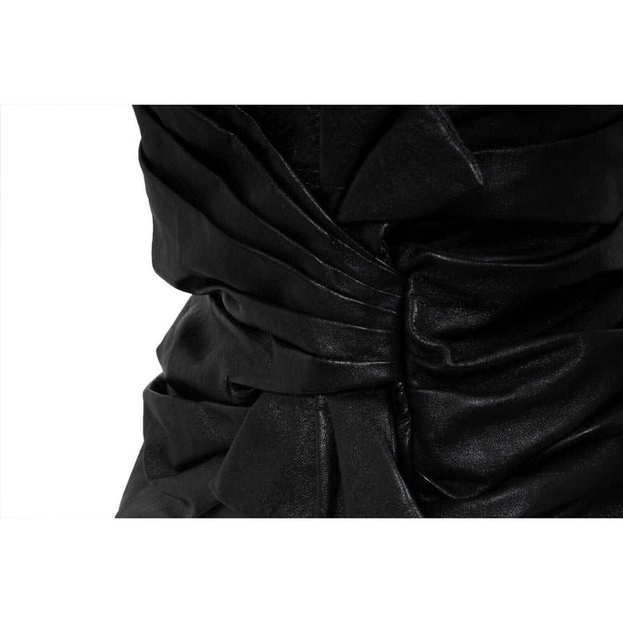 Strapless Mini Dress Size 38 Black Leather Side Bow Ruffled SAINT LAURENT 