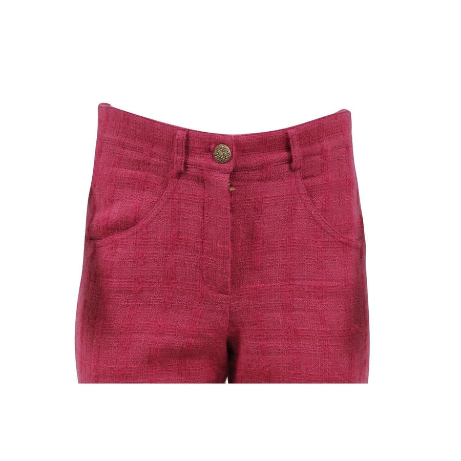Wide Leg Pants Rose Pink 100% Wool Tweed Knit CC Logo Trousers CHANEL 