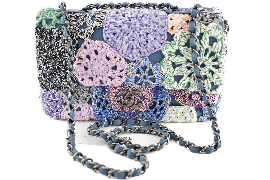 16C Blue Flower Crochet Knit CC Logo Chain Crossbody Classic Flap Bag CHANEL 