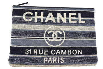 18A Deauville O Case CC Logo Black Grey Stripe Tweed Clutch Pouch Bag CHANEL 