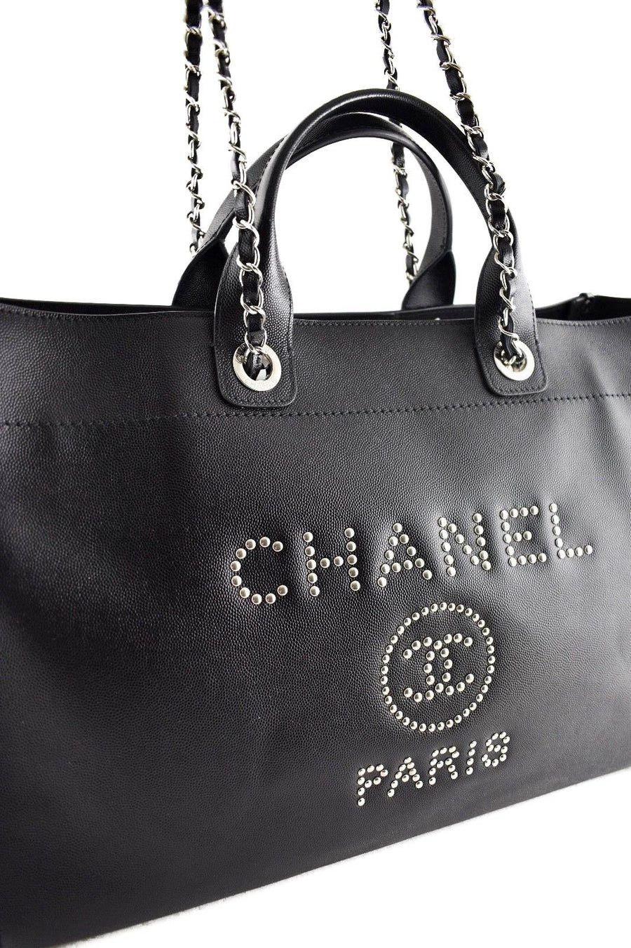 18P Deauville Black Caviar Extra Large CC Silver Studded Shopper Tote Bag CHANEL 