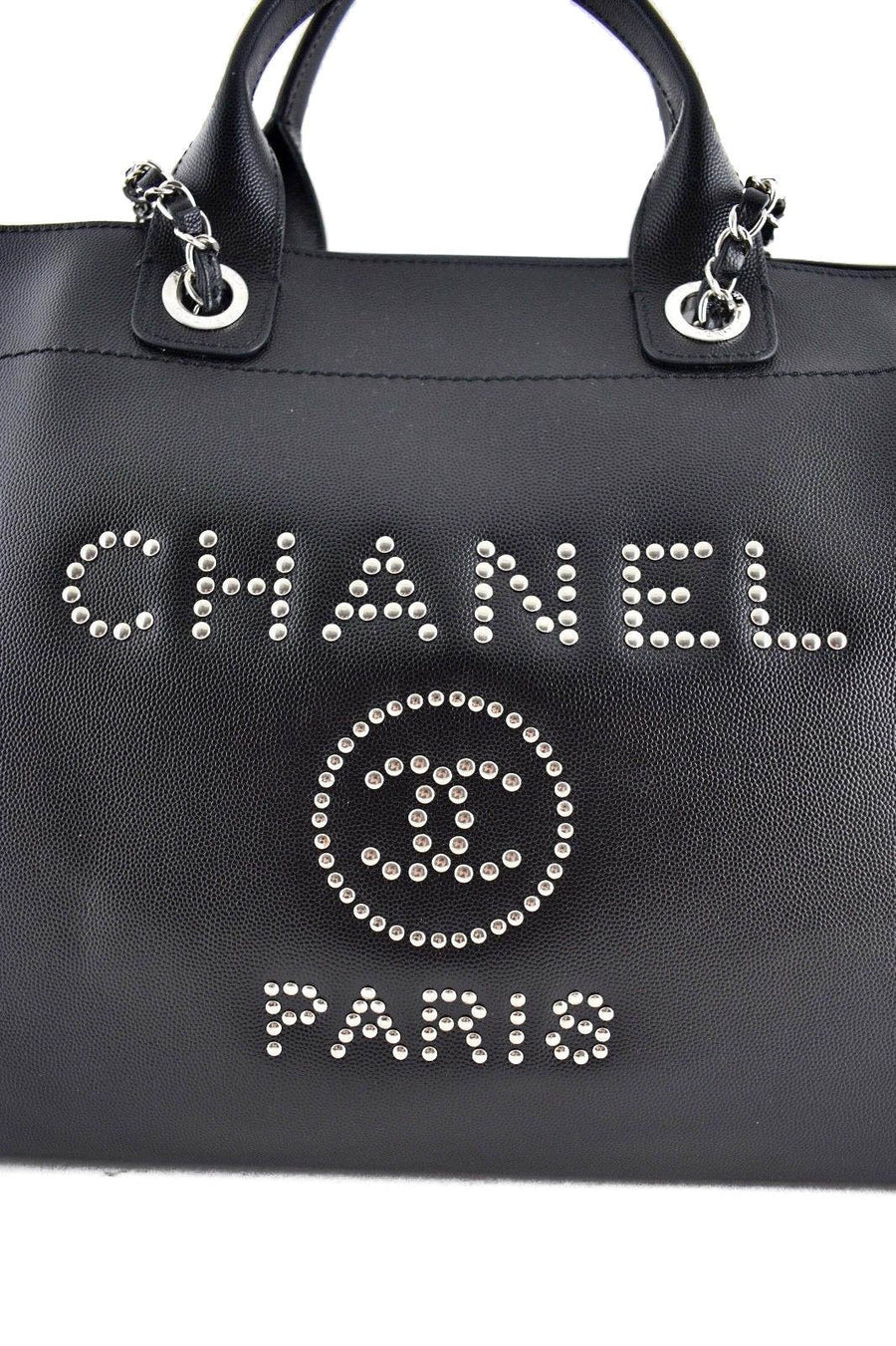 18P Deauville Black Caviar Extra Large CC Silver Studded Shopper Tote Bag CHANEL 