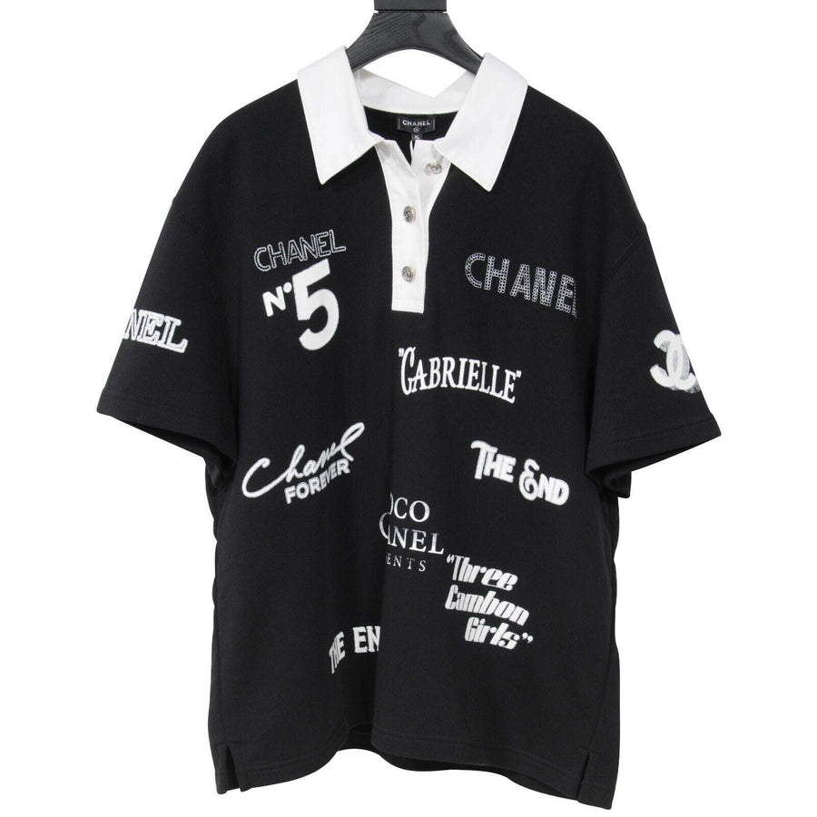 21S Embroidered CC Logo Print Black Polo Crystal Shirt CHANEL 