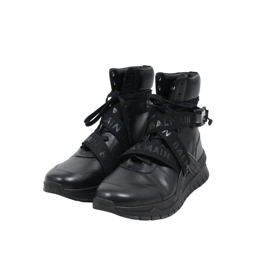 B Troop Nappa Strap Sneakers Black Leather High Top Boots BALMAIN 