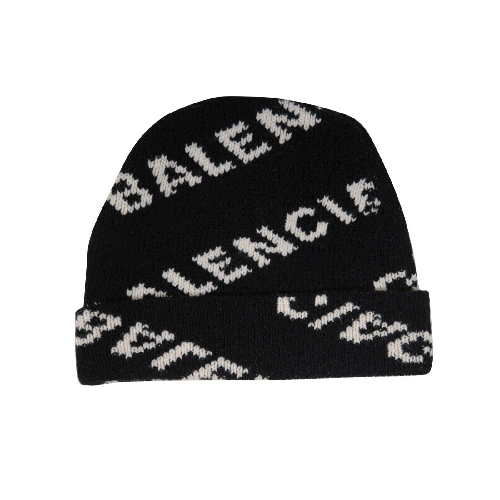 Balenciaga Beanie Black White All Over Logo Stretch Wool Skull Cap