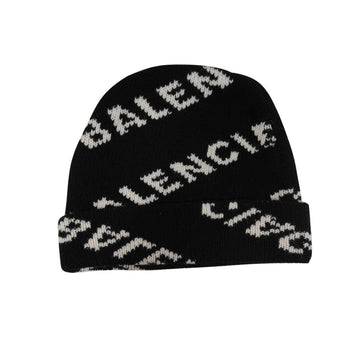 Beanie Black White All Over Logo Stretch Wool Skull Cap 2017 BALENCIAGA 