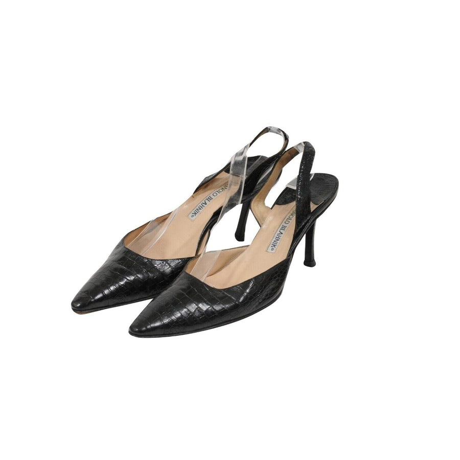 Black 80mm Slingback Crocodile Kitten Heels Manolo Blahnik 