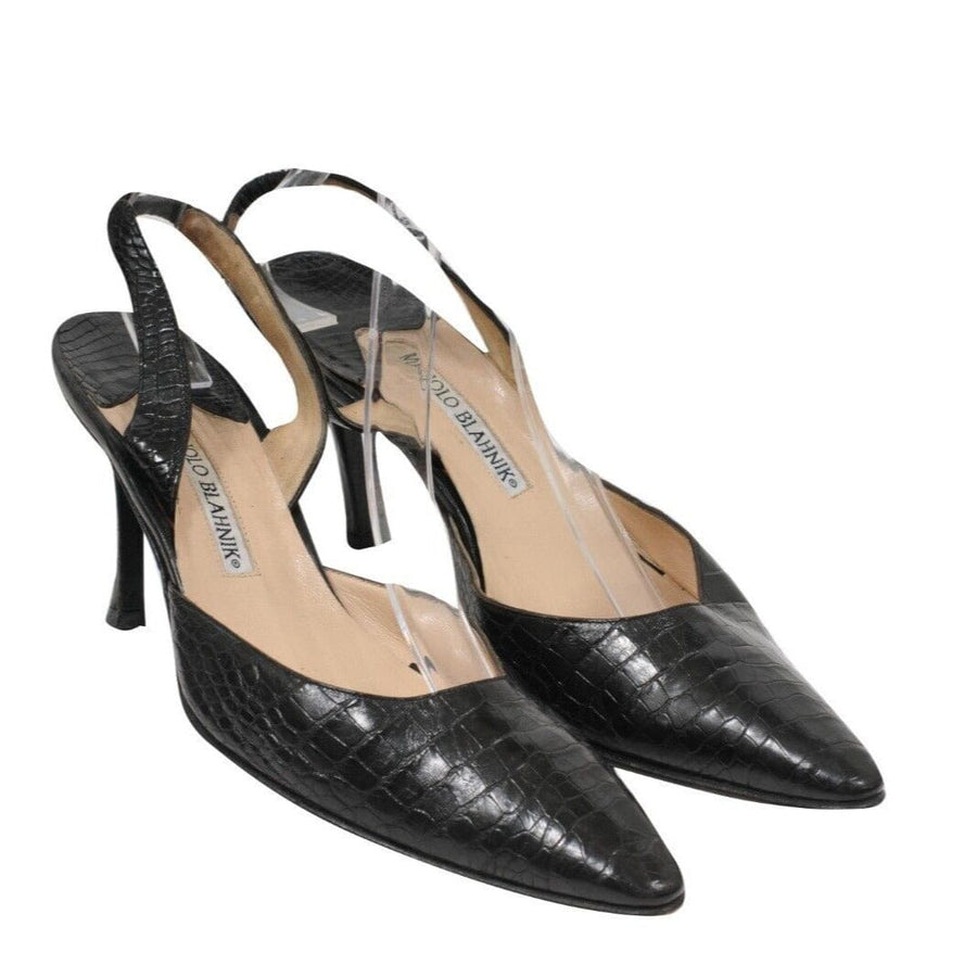 Black 80mm Slingback Crocodile Kitten Heels Manolo Blahnik 