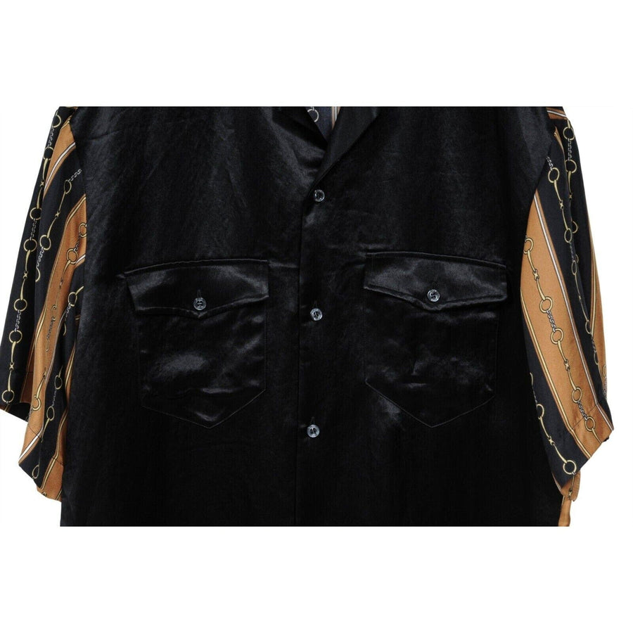 Black Gold Silk Acetate Horsebit Print Button Down Bowling Shirt GUCCI 