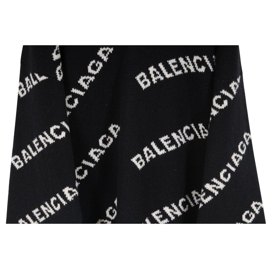 Black Knit All Over Logo Oversized V Neck Sweater BALENCIAGA 