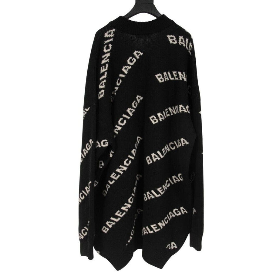 Black Knit All Over Logo Oversized V Neck Sweater BALENCIAGA 