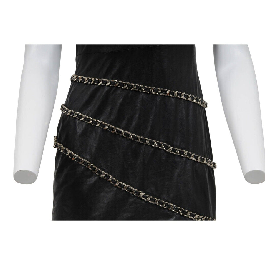 Black Lamb Leather One Shoulder Wrap Chain Mini Dress BALMAIN 